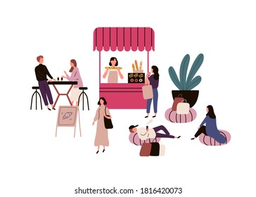 People spending time at street cafe vector flat illustration. Relaxed man and woman sitting, lying and talking at outdoor cafeteria with stall or kiosk with baking isolated. Booth with bakery food