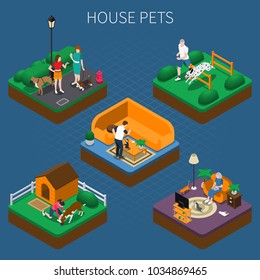 People spending time with their pets at home and outdoors isometric composition set 3d vector illustration
