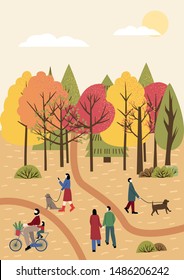 People spending time together in  autumn city park. Colorful trees with orange, red and green leaves in the background. People holding hands, walking the dog, riding bicycle. Flat vector illustration