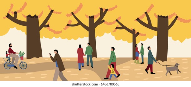 People spending time together in  autumn city park. Colorful trees with orange, red and green leaves in the background. People holding hands, walking the dog, riding bicycle. Flat vector illustration