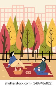 People spending time together in  autumn city park. Colorful trees with orange, red and green leaves in the background. Couple on picnic. Flat vector illustration