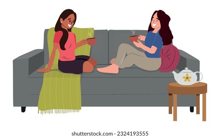 People spending time together having friendly conversation. 
Smiling woman friends drinking tea at home flat vector illustration. Happy woman laughing and gossiping sits on comfortable sofa isolated.
