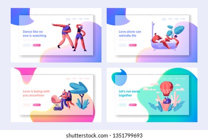 People Spending Time Together Landing Page. Happy Family with Pram. Dancing Couple Characters, Lovers in Air Balloon for Website or Web Page. Flat Cartoon Vector Illustration