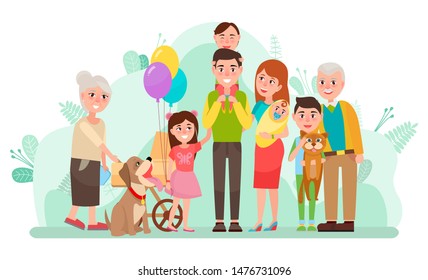 As pessoas passam tempo juntas, vetor, unidade familiar. Mãe e pai com filho e filha, avó e neto. Avô e gato cachorro de estimação. Fim de semana da família no parque