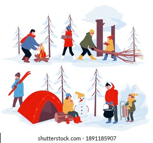 La gente pasa tiempo en los campamentos de invierno. Adultos y niños acampan en invierno, personajes sentados en carpa, quemando fuego y tirando troncos para quemarse. Vacaciones estacionales y descanso. Vector de estilo plano