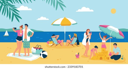 People spending vacation on beach taking photos making sandcastle relaxing and drinking cocktails flat vector illustration