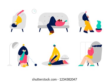 People spending weekend at home. People character vector illustration flat design. Use in Web Project and Applications.