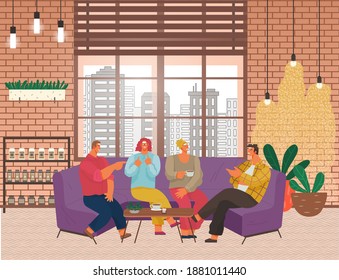 People spending weekends in coffeehouse playing games and drinking beverages from cups. Man and woman having fun together. Characters gathered in cafe talking and laughing vector in flat style