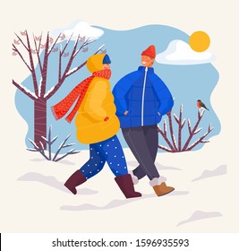 People spending winter weekends together. Couple wearing warm clothes coats and scarves strolling in park with trees and bushes. Snowy landscape, scene and sunshine at sky. Vector in flat style