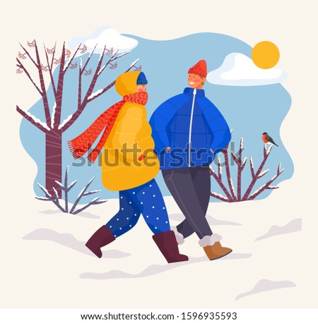 People spending winter weekends together. Couple wearing warm clothes coats and scarves strolling in park with trees and bushes. Snowy landscape, scene and sunshine at sky. Vector in flat style