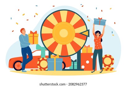 People spinning fortune wheel. Tiny man and woman, gambling concept, happy casino or lottery winners, bingo prize, lucky players characters, vector cartoon flat isolated