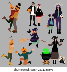 People in spooky outfits cartoon characters celebrating day of the dead holiday. People at halloween party or masquerade ball. People in Jack o lantern costumes, woman in witch Halloween costume.