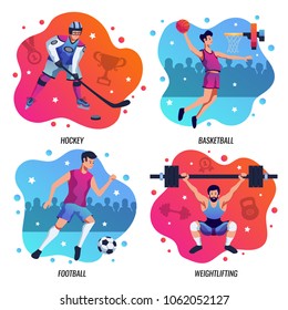 People in sport 2x2 design concept with athletes involved in hockey basketball football weightlifting colored vector illustration