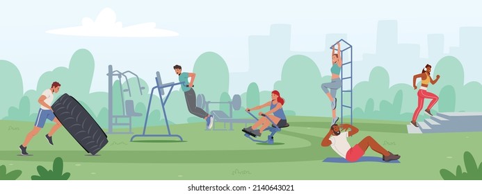 Entrenamiento deportivo deportivo de la gente en House Yard. Caracteres masculinos y femeninos que ejercen con equipos haciendo entrenamiento con peso, carreras, actividades deportivas de verano, vida sana. Ilustración del vector de dibujos animados