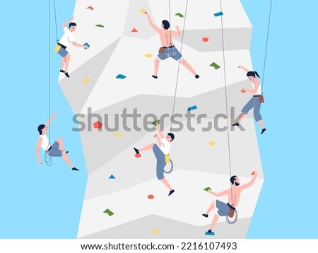 People sport group climbing rock. Climb to goals, motivation and strong character. Young men women activity, extreme muscle training, recent vector scene
