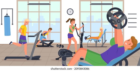 People at sport gym. Fitness characters in training. Men and women engaged in sports simulators. Workout and stretch. Sportsmen running on treadmill or lifting dumbbells. Vector concept