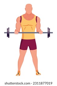 People at sport gym. Male character with barbell. Healthy and active lifestyle, vector in flat style. Sport exercise, fitness for body