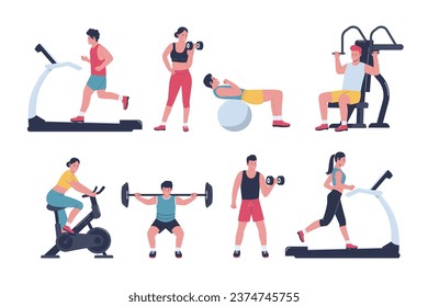 People at sport gym vector collection. Healthy fitness sports workout . Vector illustration collection set