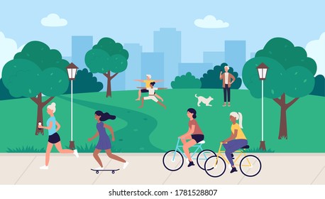 People in sport healthy activity vector illustration. Cartoon flat sportsman characters running, active woman man cycling, skateboarding or walking with pet dog in summer outdoor city park background