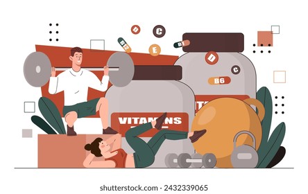 People with sport nutrition vitamins. Man and woman exercise next to supplements. Health care and treament. Healthy and active lifestyle. Cartoon flat vector illustration isolated on white background