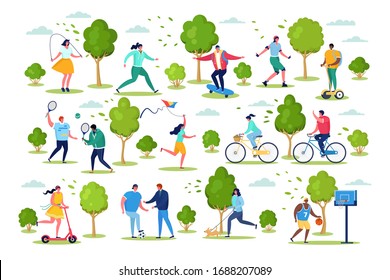 People in sport outdoor activity vector illustration. Cartoon active flat woman man characters have fun from sporting healthy lifestyle, cycling, do sport exercises in city park set isolated on white