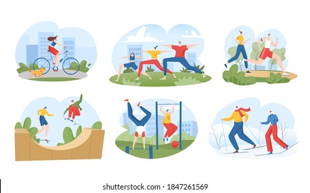 People in sport outdoor activity vector illustration set. Cartoon flat active sportsman doing sport exercise, family characters practice yoga together, friends skiing skateboarding isolated on white