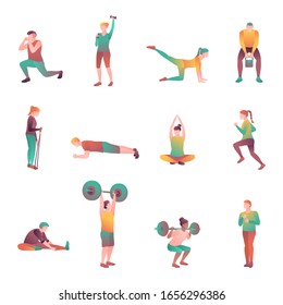 People in the sport set, flat vector illustration. Man and woman in the gym are engaged in recreational exercises. Adult athletes at sporting events tournament isolated on a white background.