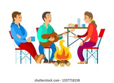 People in sport suit near bonfire singing song with guitar, man and woman sitting on chairs, person holding branch near fire, tourists and picnic vector