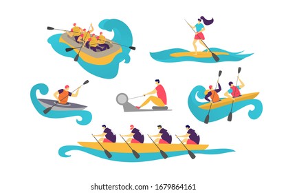 People sport team in boat on water women, man boating with paddle in canoe tourism vector illustration isolated on white. Lifestyle activity sportsman canoeing on river in protective vests, sit, stand