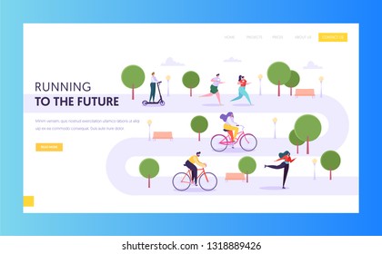 People in Sport Uniform Do Sports Landing Page. Male And Female Character Activities in Park Landscape Running, Riding Bike, Roller Skating Website or Web Page. Flat Cartoon Vector Illustration