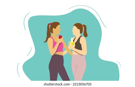 People sporting with healthy food. Concept of healthy habits, active lifestyle, fitness training, dietary nutrition, outdoor workout. Modern flat vector illustration.