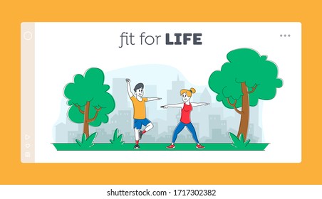 People Sports Exercises in Park Landing Page Template. Characters Outdoor Yoga Activity Concept. Fitness, Workout in Different Poses, Stretching Healthy Lifestyle. Linear People Vector Illustration