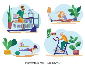 People, sports at home, performing gymnastic exercises for a healthy body on the background of the home interior. Athletic lifestyle. Cartoon flat vector illustration