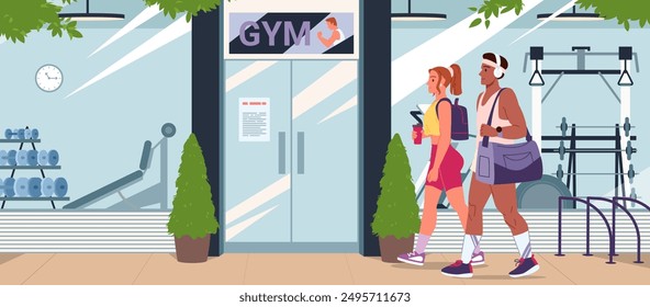 Personas en equipo deportivo ir al gimnasio para practicar ejercicios saludables. Hombre en los auriculares que lleva la bolsa con la ropa deportiva, mujer con la mochila camina a la puerta del centro de fitness de dibujos animados