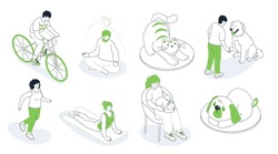 People, Sports And Pets - Modern Line Design Style Isometric Illustration Set. Ride A Bike, Do Yoga, Train A Dog, Run, Pet A Cat. Rest Alone And In The Company Of A Your Animal Friend. Leisure Idea