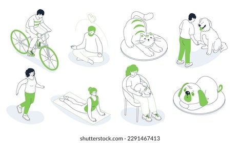 People, sports and pets - modern line design style isometric illustration set. Ride a bike, do yoga, train a dog, run, pet a cat. Rest alone and in the company of a your animal friend. Leisure idea