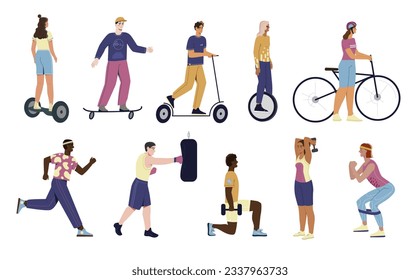 People and sports set. Characters doing exercises and squat in gym, boxing and running, riding electric scooter and bicycle, skateboard and hoverboard. Cartoon flat vector isolated on white background