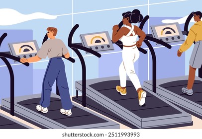 People in sportswear do cardio training. Athletes run on treadmill during workout. Men and women jogging with sport equipment in gym. Characters practice physical exercises. Flat vector illustration