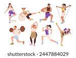 People in sportswear doing sports or fitness. Sports men and women. Healthy lifestyle. Flat vector illustration set