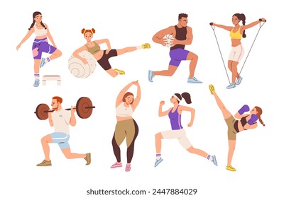 Menschen in Sportbekleidung, die Sport oder Fitness treiben. Männer und Frauen im Sport. Gesunder Lebensstil. Flache Vektorillustration