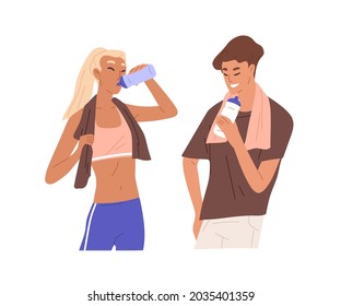 People in sportswear drinking fresh water from bottles after training. Couple of happy thirsty man and woman with aqua. Dehydration after workout. Flat vector illustration isolated on white background