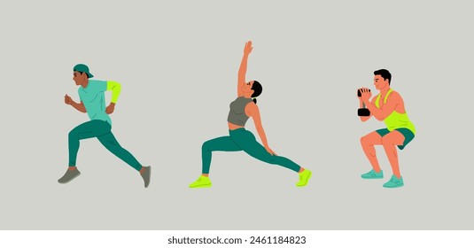 People in sportswear in the gym. Man, and woman in fitness apparel, holding dumbbells. Flat hand-drawn vector illustrations isolated on a white background