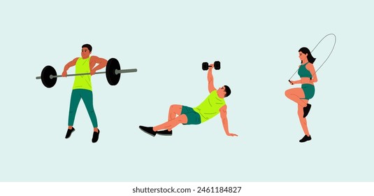 Personas en ropa deportiva en el gimnasio. Hombre, y mujer en ropa de fitness, sosteniendo pesas, haciendo salto de cuerda. Ilustraciones vectoriales planas aisladas sobre un fondo blanco