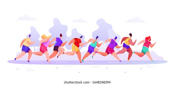 People in sportswear shorts and t-shirt are running marathon along road on an abstract forest background. Vector illustration