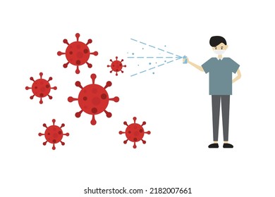 People Spraying Alcohol To Kill Virus Or Bacteria Isolated On White Background. Vector Illustration
