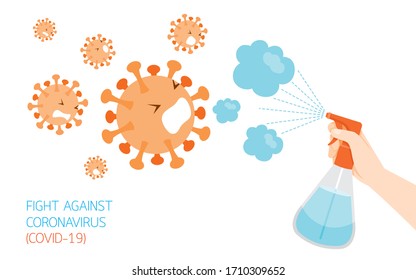 People Spraying Alcohol Spray To Viruses Cartoon Character For Disinfect Coronavirus Disease, Covid-19, Prevent Illness And Hygiene, Keep Your Healthy, Healthcare