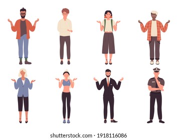 People Spread Hands In Surprise Vector Illustration Set. Cartoon Worry Sad Young Or Old Man Woman Characters Have Question, Office Worker Or Student Standing With Surprised Face Isolated On White