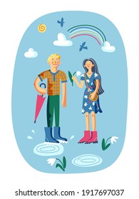 People in spring with flowers. Cute doodle of man and woman in city scene. Happy girl and boy walking, sky with clouds, birds and rainbow. Leisure in nature vector illustration.