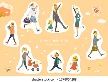 people in spring, life in new chapter, hand drawn illustration