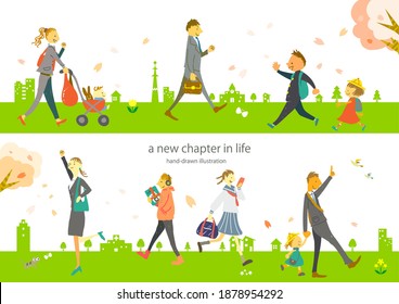 people in spring, life in new chapter, hand drawn illustration